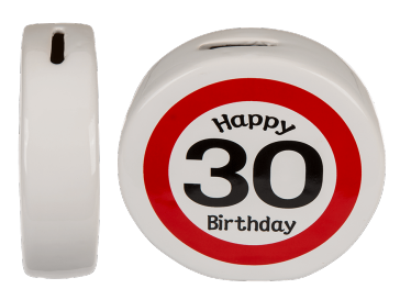 Ceramic money bank with Happy Birthday 30