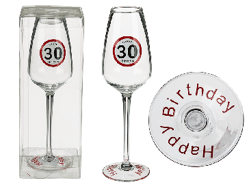 Sklenený pohár na šampanské Happy Birthday s číslom 30