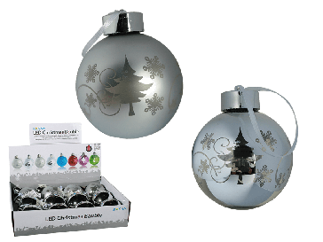 LED sklenená strieborná vianočná guľa