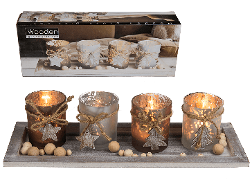 Vianočný darčekový set - 4 svietniky na drevenom podnose