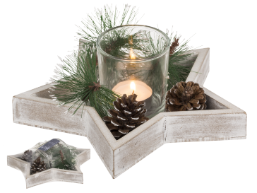 Star wooden plate ca. 22 cm with glass tealight holderm tealight & decoration