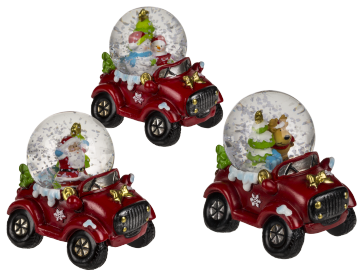 Polyresin snow globe with Christmas figurines on car base