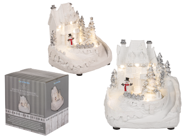 White polyresin winterhouse with christmas music & snowman