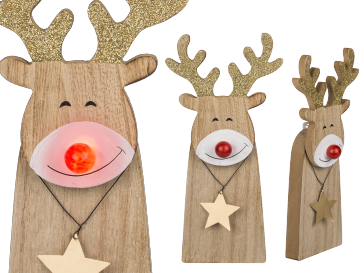 Wooden - reindeer with red glowing LED nose (incl. battery) 