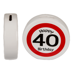 Ceramic money bank with Happy Birthday 40