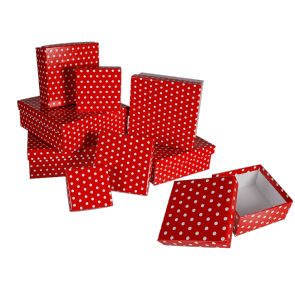 Red gift boxes with white dots