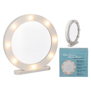 White round plastic mirror with 8 warm white LED