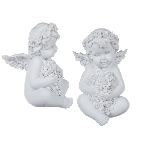 Sitting polyresin angel with white coloured rosary and flower bouquet