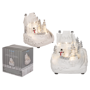 White polyresin winterhouse with christmas music & snowman