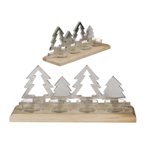 Polyresin-Christmas tree with 4 glass tealight holder on wooden base